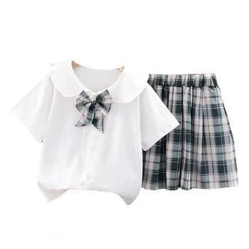 Нов летен костюм за малките момичета, детски модерна риза с къси ръкави, пола, 2 бр./компл. Всекидневен костюм за деца, детски спортни костюми