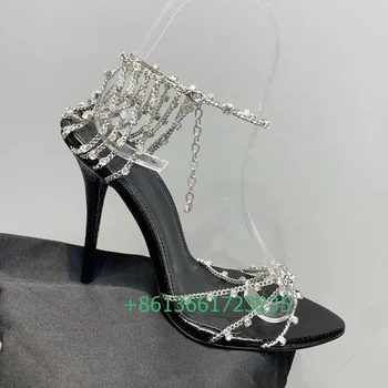 Дамски сандали с метална верига и кристали, каишка за щиколотке с кристали, блестящи, Секси обувки на висок ток-висок ток, Летни Нови модни Сватбени сандали