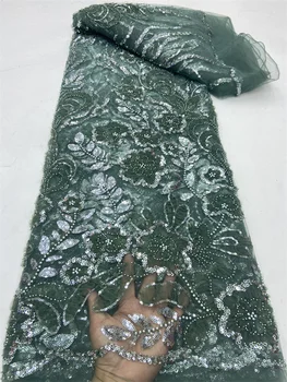 Зелена новата африканска лейси плат 3D Цветя Бродерия с мъниста Тюлевое дантели, с пайети 2023 г. Висококачествено сетчатое дантела за женски рокли