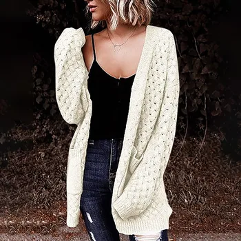 Жена есента модерен съраунд вязаный жилетка, всекидневни монофонични свободен пуловер с дълъг ръкав, яке с джобове