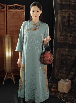 Дамска рокля в китайски стил, ретро-коприна на роклята от коноп, дълга рокля с висока яка и бродерия в етнически стил, луксозно рокля с цепка