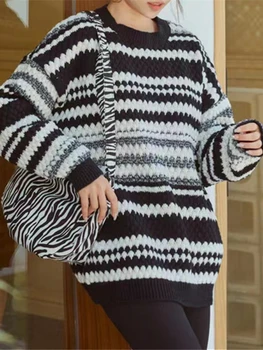 Дамски зимни пуловери Мързелив шарен пуловер Пуловер за жени свободно размера на Средната дължина вязаный топ с кръгло деколте, дамски дрехи