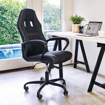 Офис стол за компютърни игри, евтини маса, Ергономичен Компютърен стол за мениджъри от изкуствена кожа, Лумбална подкрепа за жени и мъже (черен)