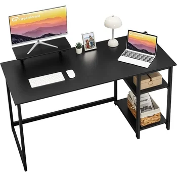 Компютърна маса за домашен офис с поставка за монитор и рафтове за съхранение на лявата или дясната страна на Черно