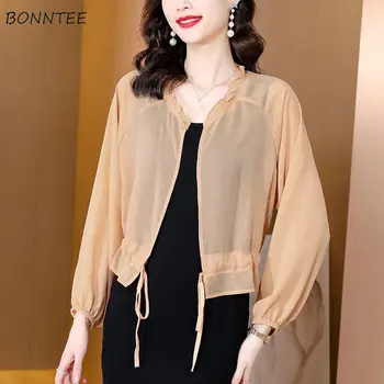 Основни якета, дамски гънки дантела, Слънцезащитен крем, прост дизайн, разнообразни ежедневни популярни елегантни дамски пролетни модели в корейски стил.