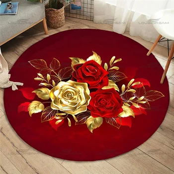 Модерен кръгла мат с рози, Домашен противоскользящий мат с шарени златни рози, килим за детската спалня, килим за хол