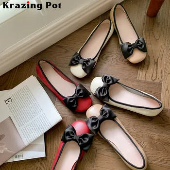 Krazing Pot/ Марка 2023, Пролет-Танцови Обувки от Естествена Кожа, С Кръгли Пръсти и възел-пеперуда, Елегантни Дамски балет апартаменти без Закопчалка на плоска подметка