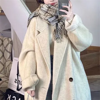 Двустранно кашемировое палто овсяного цветове, дамски Корейската версия двубортного вълнени палта от висок клас 2023 година.