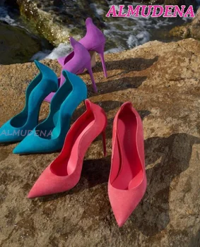 Дамски летни обувки 2023, нови велурени обувки-лодка 12 см, кожени обувки на тънък висок ток, дизайнерски обувки големи размери за партита, сватбени обувки на токчета, големи размери