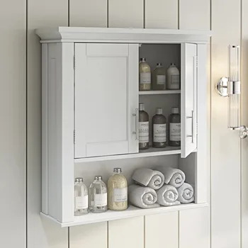 Домашен 2-врати, с монтиран на стената шкаф за съхранение в банята с 1 отворен рафт и 2 вътрешни рафтове, Бял кухненски шкаф, шкаф за баня