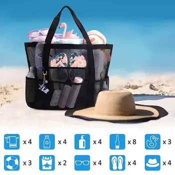 Мрежести плажни чанти, сгъваеми, леки, с 8 джоба, голяма чанта голям за хранителни стоки, пескостойкая плажната чанта за играчки