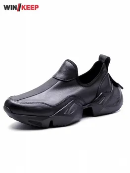 Мъжки Спортни обувки от естествена кожа без Закопчалка На дебела подметка, Новост 2023 година, Обикновена Дишащи и Удобни Мъжки Маратонки За Бягане В платформата