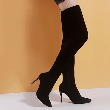 Дамски обувки, дамски ботфорты над коляното голям размер 35-43, чубрица вечерни обувки на тънък висок ток, разтеглив botas de mujer 2022