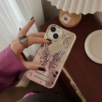 Градиентный Розов Черен гальванический 3D скоба-пеперуда Калъф за iPhone за iPhone 15 14 13 12 11 Разширено чувство выдалбливания