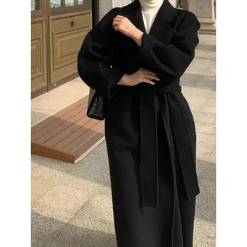 Секси елегантна дълга вълна палто с колан есен-зима, Модни однотонная шик горна дреха с дълъг ръкав, Женски ежедневното палто 2023 г.