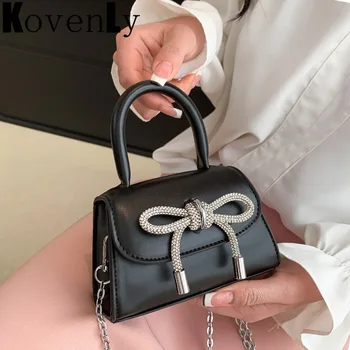 Дамска чанта, най-сладкото малко клатч, квадратен мини чанта с капак, брилянтен обков с лък, кожена чанта, новост 2023 г., нова чанта през рамо