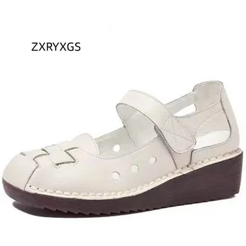 ZXRYXGS 2023 Нови дишащи сандали от естествена кожа, удобни Меки сандали на танкетке, обувки за майката, Дамски сандали на средна възраст