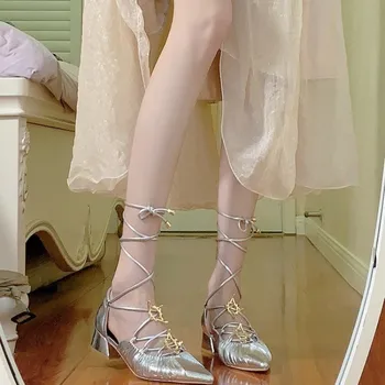 BCEBYL/ Нови Модни Сандали с метален декоративен каишка на дебелите ток и перекрещивающимся каишка, Лятна Чубрица Елегантни Дамски обувки на висок ток
