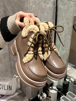 Обувки, дантела, обувки с кръгло бомбе-Дамски луксозен дизайнерски зимни обувки на равна подметка, Австралия 2022, Елегантна мода, Средната гума, La