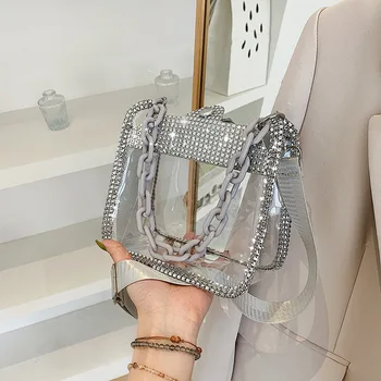 Прозрачен дамски чанта през рамо от PVC, украсени с пайети, върху дебела верига, женска малка чанта и чанти, модни желейная плажна чанта-тоут