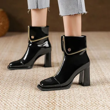 Дамски обувки 2023 г. на Жените ботильоны Класически, модерни дамски обувки от изкуствена кожа с цип отпред, с квадратни пръсти, в масивна ток, жените