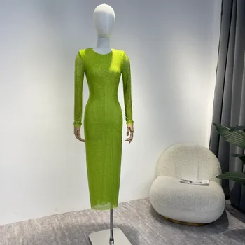Последната гореща разпродажба 2022 г., висококачествено флуоресцентное Зелено корекция, Лъскав планински кристал, Бодикон, Секси рокля Midi за жени