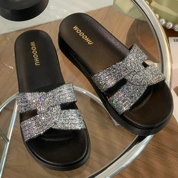 Дамски чехли на нисък ток с диамантена инкрустация 2024 Дамска мода Sapotos Feminino, луксозни и Елегантни дамски обувки за пролетта