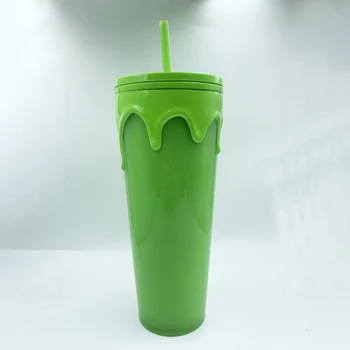 Тема чаша за пиене, Голям капацитет, с соломинкой флуоресцентно зелен цвят, В комплект с двухслойными битови стоки, Пластмасова чаша за кафе