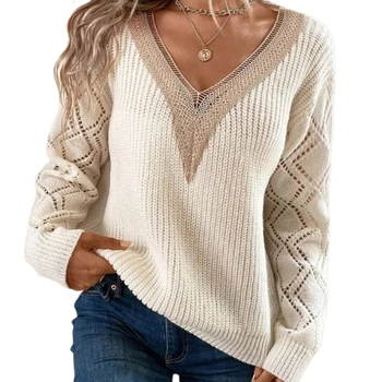 Дамски Блузи В Корейски Стил, Пролетно-Есенен Пуловер С V-образно деколте, Кухи Пуловер, Пуловер