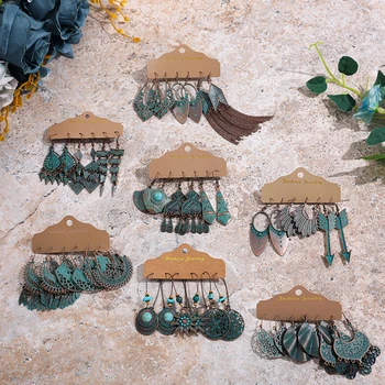 Ретро Геометричен Комплект бронзови обици голяма форма за жени в Бохо стил, Многопластови Триъгълни обеци с кухи шапки, Бижута, подаръци
