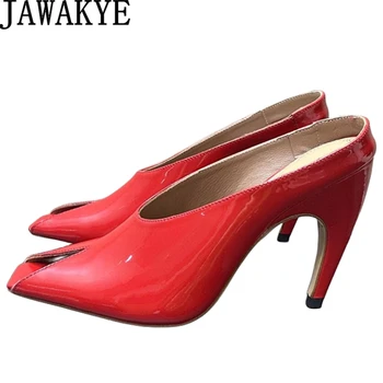 Летни обувки от лачена кожа, с отворени пръсти на висок ток 2024 г. Дамски Маркови чехли без закопчалка Дизайнерски джапанки Пикантни вечерни обувки-лодка Femininas