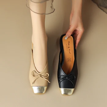 Летни дамски обувки 2023 г., дамски обувки от естествена кожа със затворени пръсти, джапанки на дебелите обувки, дамски сандали-прашка, улични чехли