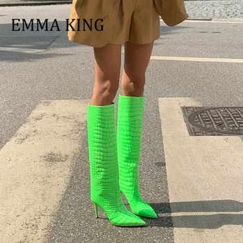 Дамски зелени кожени ботуши до коляното, модни дамски обувки на тънък висок ток с крокодиловым принтом, женски обувки с остри пръсти, за партита, дамски високи Botas Mujer