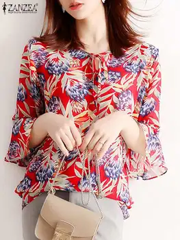 ZANZEA Lady, топ дантела, Дамски модни шифоновая блуза, Лятна блуза с флорални принтом, ежедневни риза OL с изгорени ръкави, Oversize