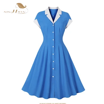Однобортное винтажное женствена рокля на копчета, елегантна рокля в стил Хепбърн, однотонное синя вечерна рокля с къс ръкав за подиум SR1461
