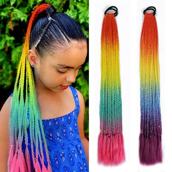Косата AZQUEEN в синтетичен цветен оплетена опашка Рейнбоу цвят, опашка във формата на конска опашка с ластик, косичка за момичета