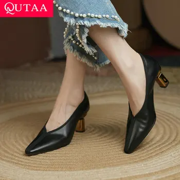 QUTAA 2022, Елегантни дамски обувки от естествена кожа на висок квадратен ток, чубрица есенно-пролетни дамски обувки-лодка с остри пръсти, Размер 34-39