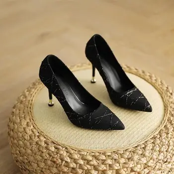 Размер 30-44; дамски обувки на висок ток 9 см, с остри пръсти; черни пикантни обувки-лодка голям размер