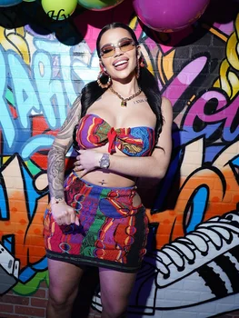 JusaHy Women New Y2K, Улични всекидневни комплекти от две части в стил хип-хоп с цветни принтом топ в национален стил, обертывающий гърдите, и полите в стил хип