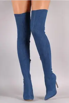 Директна доставка, пролет-хит на продажбите, женски обикновена черни сини велурени пикантни ботуши над коляното на тънък ток, с остри пръсти, големи размери