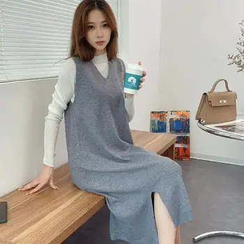Жена с пуловер, риза, есенно-зимния нов свободен монофонични вязаный без ръкави от корейската вълна с V-образно деколте X217