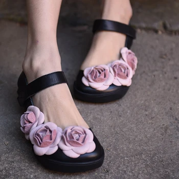 Artmu/ Дамски обувки с цветя в ретро стил, сандали със затворени пръсти, луксозни дамски джапанки от естествена кожа, меки плажни сандали за жени