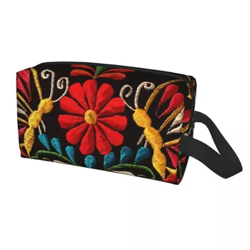 Пътна чанта за тоалетни принадлежности с Мексикански пеперуди и цветя модел, Сладък Органайзер за грим с бродерия Otomi, калъф за набиране Dopp за съхранение