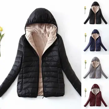 2023 Дамски памучен яке с качулка, приталенная зимно яке с джобове с цип, Стилно Топло Универсално палто връхни дрехи