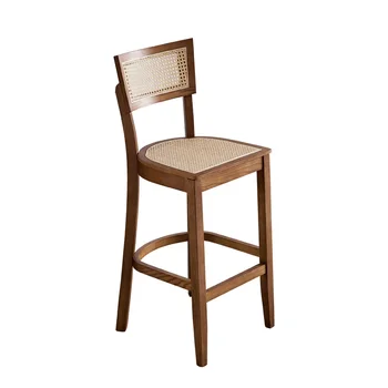 Скандинавски столче за хранене, бар стол, модерен минималистичен домашен стол от масивно дърво с облегалка от ратан