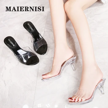 Дамски чехли MAIERNISI, сандали на среден ток с кристали, 2020 Летни прозрачни чехли на висок ток 6,5 см, ежедневни обувки за пазаруване и за всеки ден