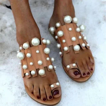 2023 Нови дамски чехли, Летни дамски джапанки с перли, плоски ежедневни дамски чехли, големи размери 36-43, Дамски обувки