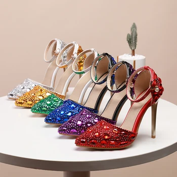 BaoYaFang 2020, Ново записване, сватбени обувки с кристали, дамски обувки на висок ток с остър пръсти за сватбени партита, дамски елегантни обувки-лодка