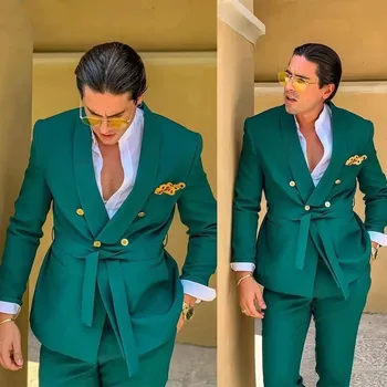 Нов дизайн на Зелените мъжки костюми за сватба с колан, 2 броя, Двубортная Официалната облекло за младоженеца-яке + панталон, костюм Homme