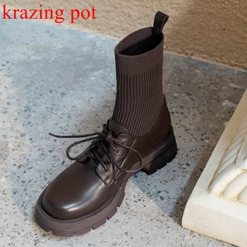 Krazing Pot/ Реколта обувки в западен стил от телешка кожа, с кръгли пръсти в гъст средно ток, зимни оксфордские обувки, Възли ботильоны с появата на шнур, L5f3